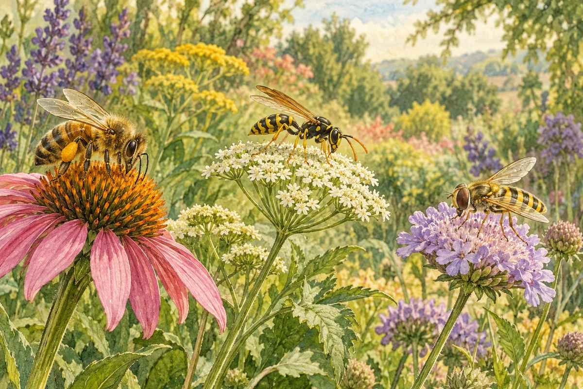 Illustration of three different pollinating insects visiting flowers in a garden.