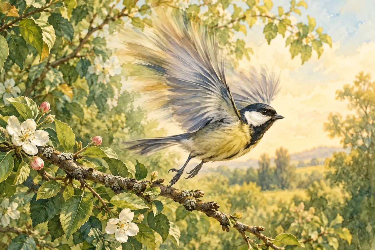 Illustration of a small songbird taking flight from a flowering branch, with softly swept wings.