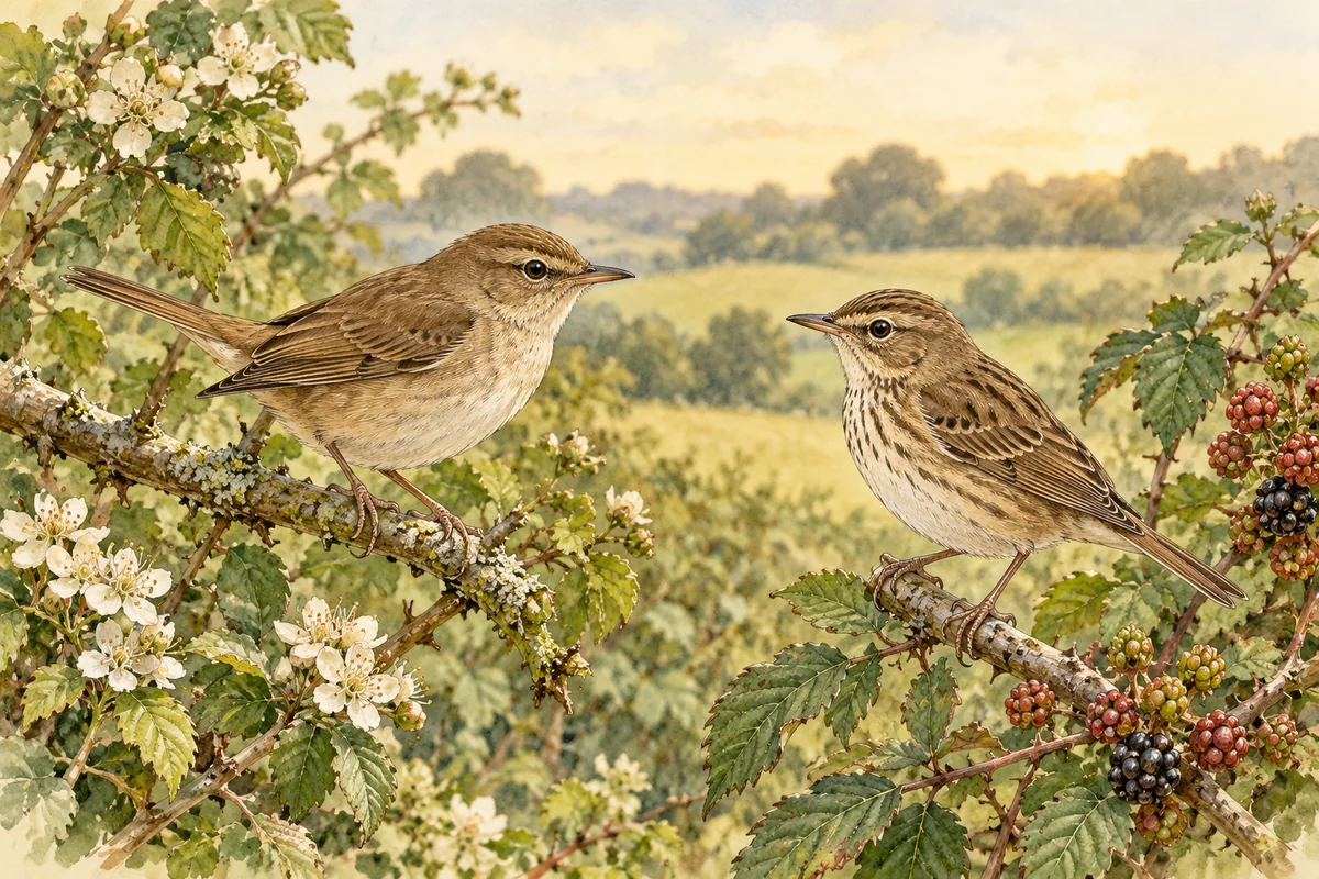 Illustration of two similar-looking brown songbirds shown in side profile on separate branches.