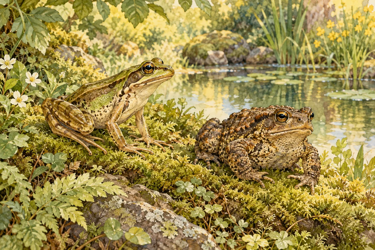 Illustration of two amphibians by a pond, one slender and smooth-looking and one squat and textured.