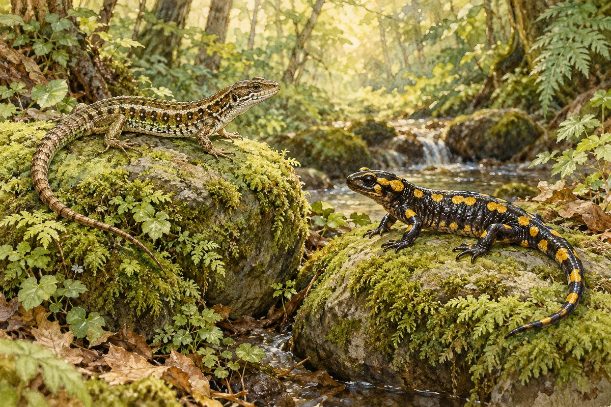 Illustration of a lizard and a salamander on separate mossy stones in a woodland stream.