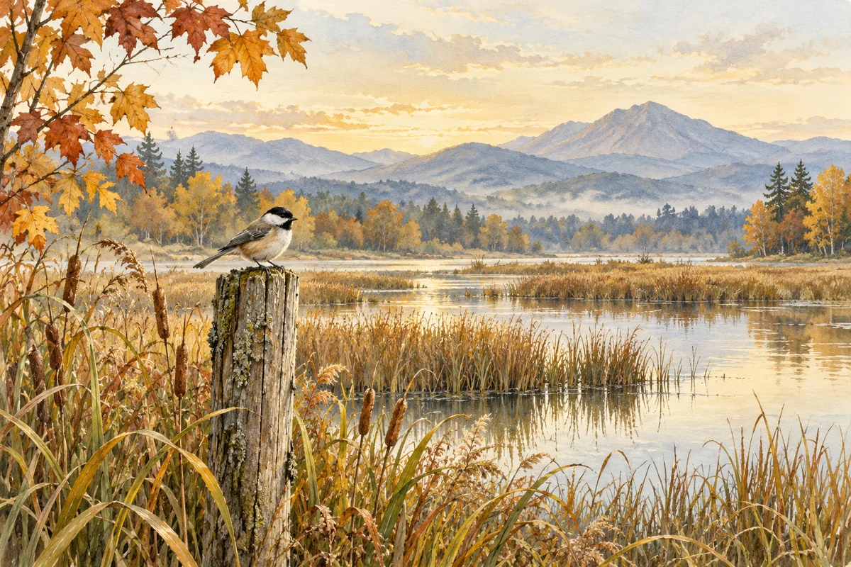 Illustration of a small bird on a post beside an autumn wetland beneath distant mountains.