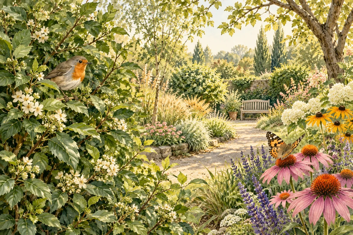 Illustration of a small bird and butterfly in a garden with flowers, shrubs, and a bench.