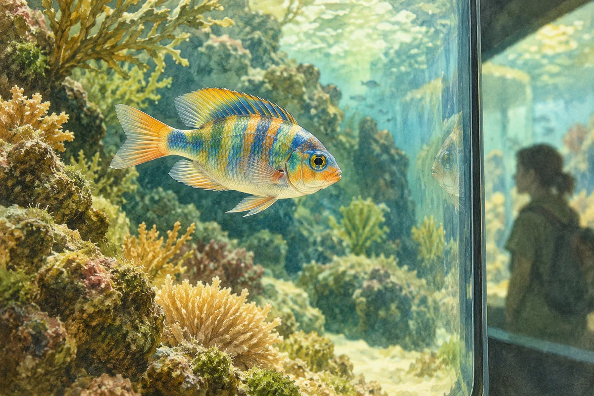 Illustration of a colorful fish seen through aquarium glass, with a faint reflection and visitor silhouette.