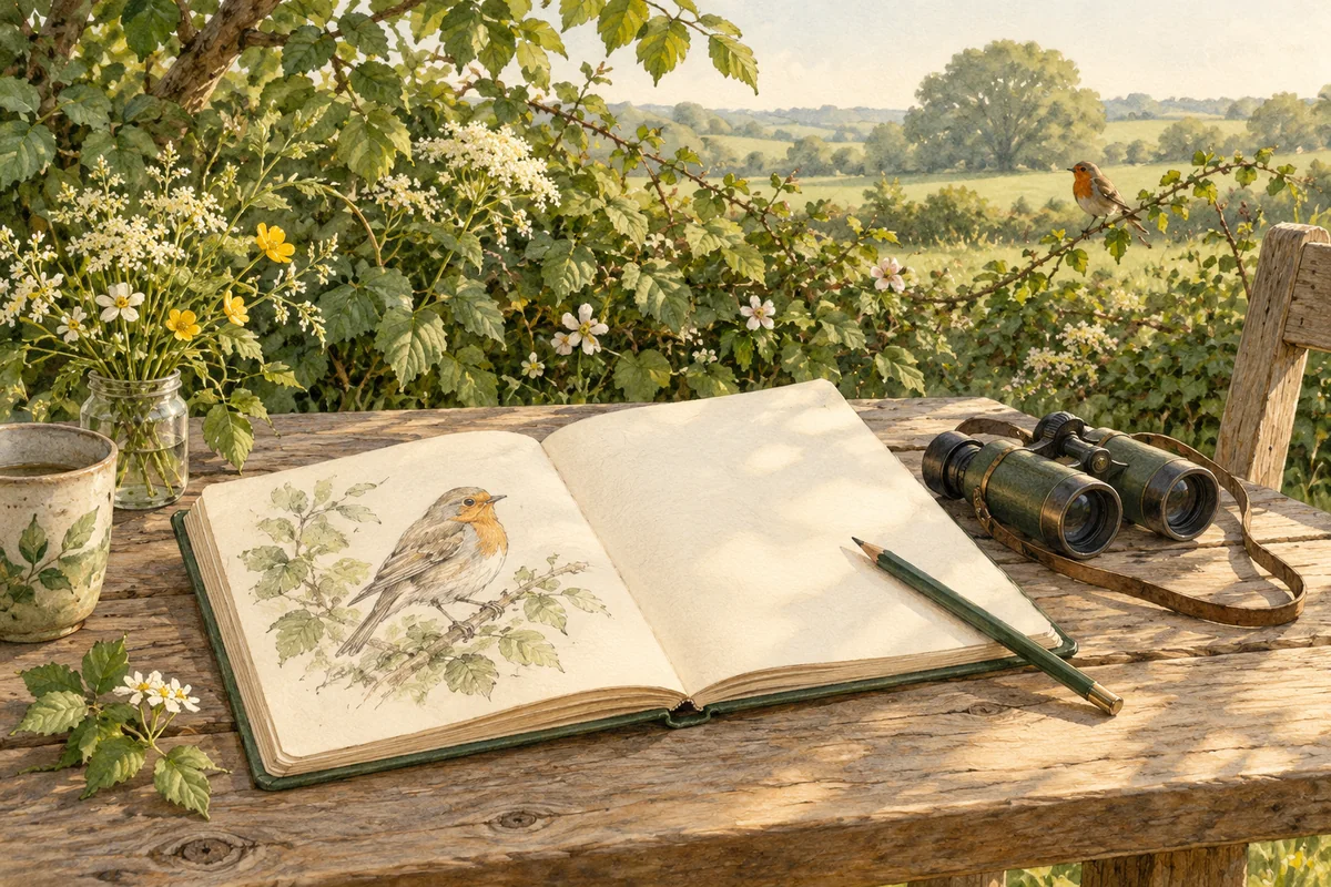 Illustration of an open nature journal with a bird sketch, pencil, binoculars, and a garden bird beyond.