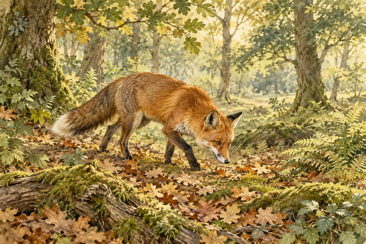Illustration of a fox foraging among fallen leaves in a woodland.
