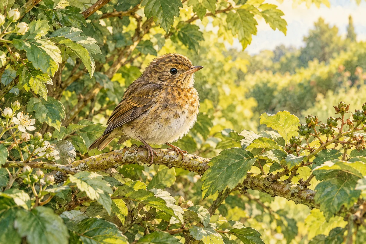 Illustration of a fully feathered young songbird perched naturally in a leafy hedge.